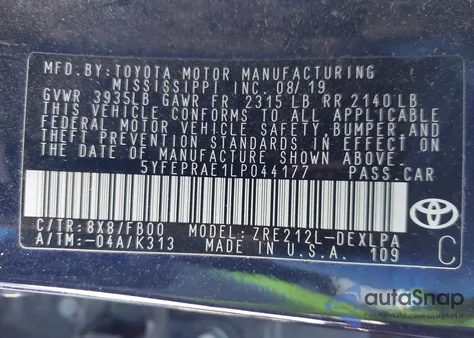 2020 Toyota Corolla Le from USA, damaged, VIN 5YFEPRAE1LP044177